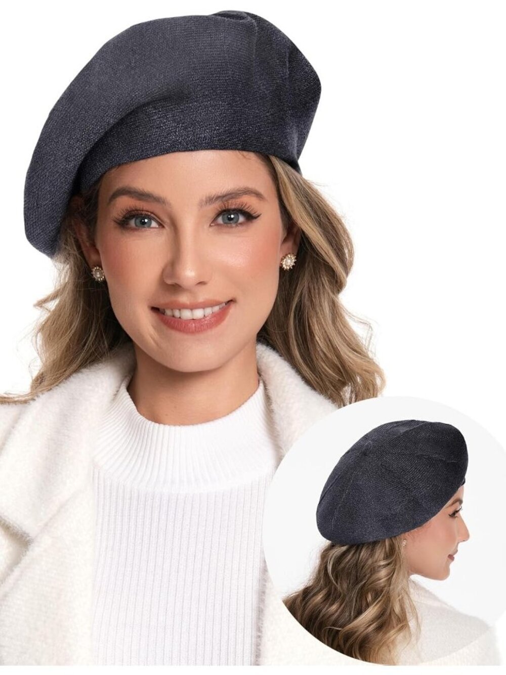 Women's French Style Double Layer Warm and Soft Knitted Beanie Hat Dark Grey